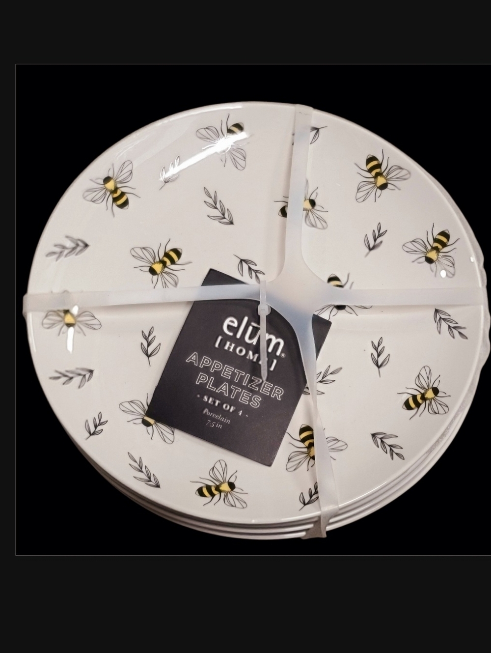 4pc Elum 7.5" Porcelain Honey Bumble Bee Appetizer / Lunch / Dessert Plate Set